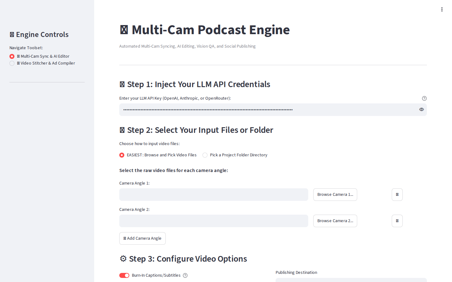 Multi-Cam Podcast Engine — main dashboard
